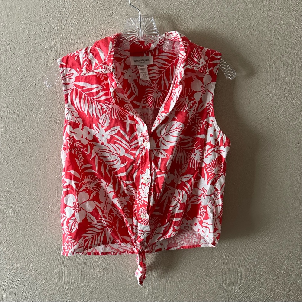 Jones New York Sport Coral Floral Sleeveless Button Cropped Tie Top Size Medium